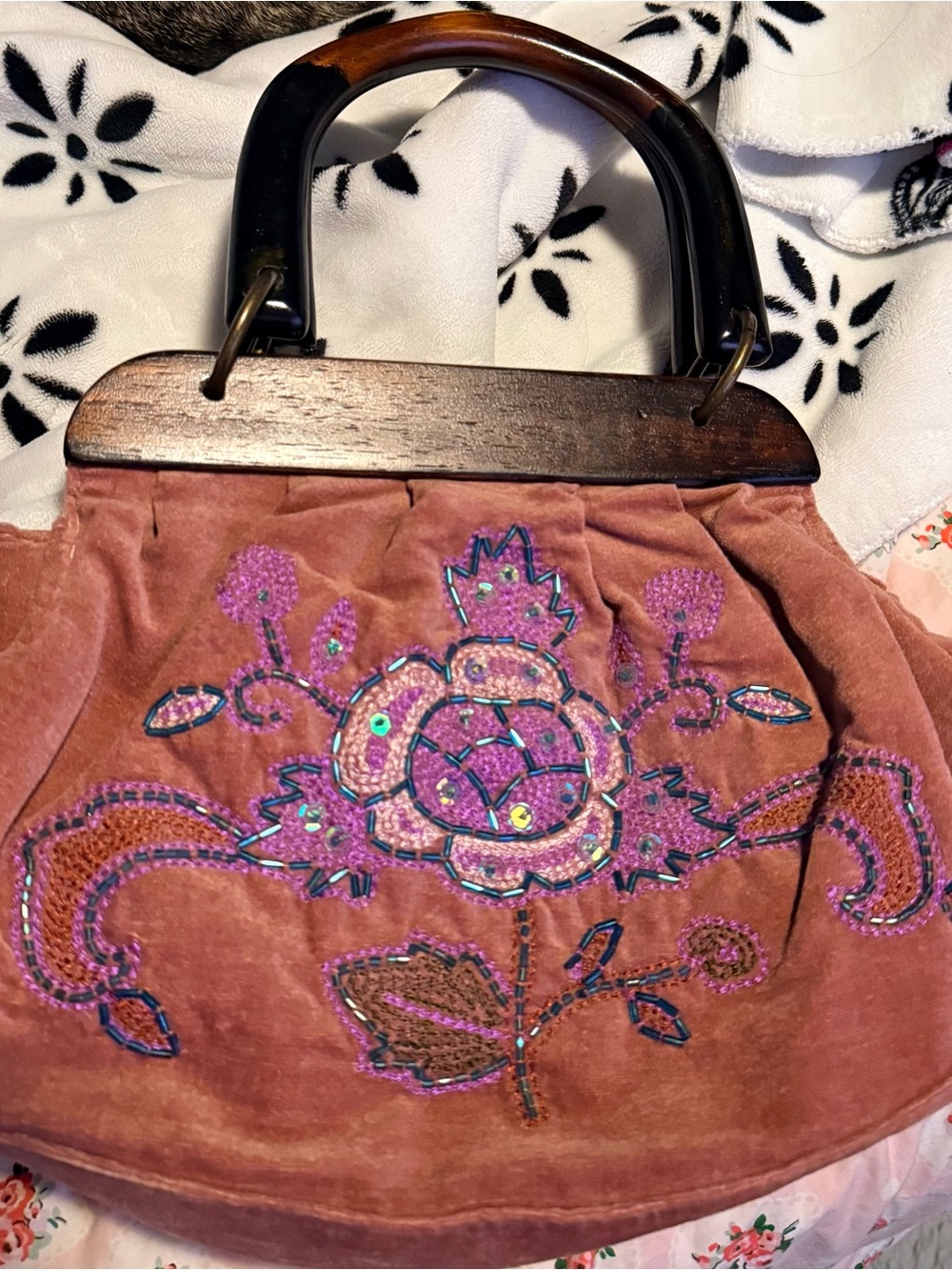 Unlisted Mauve Velvet Embroidered Handbag with Wooden Handle